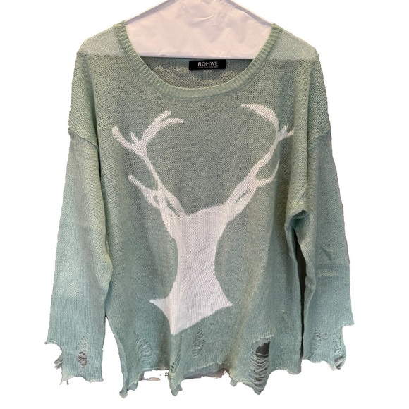 Romwe Pastel Goth Distressed Deer Sweater Jumper Tumblr 2014 Kawaii Cute Mint OS - Picture 2 of 12